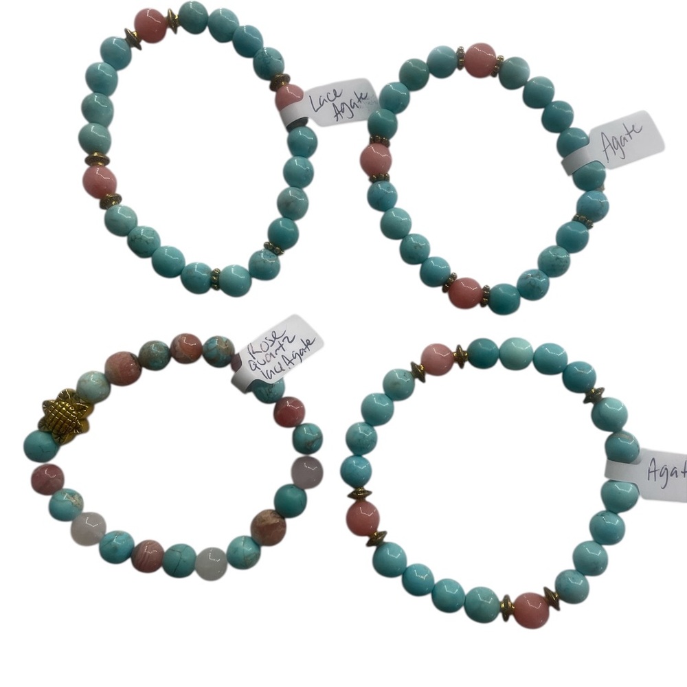 Lace Agate colored Turquoise, Rose Quartz Gemstone Bracelet,Stretch - Picture 5 of 7